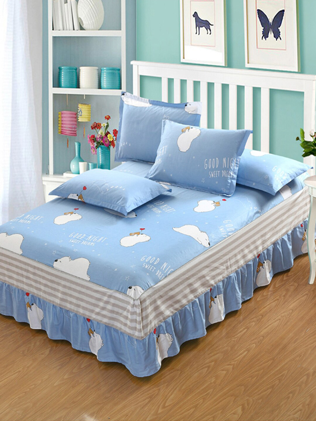 

JC HOME Blue & White Printed 200 TC Cotton Queen Bed Cover with 2 Pillow Covers