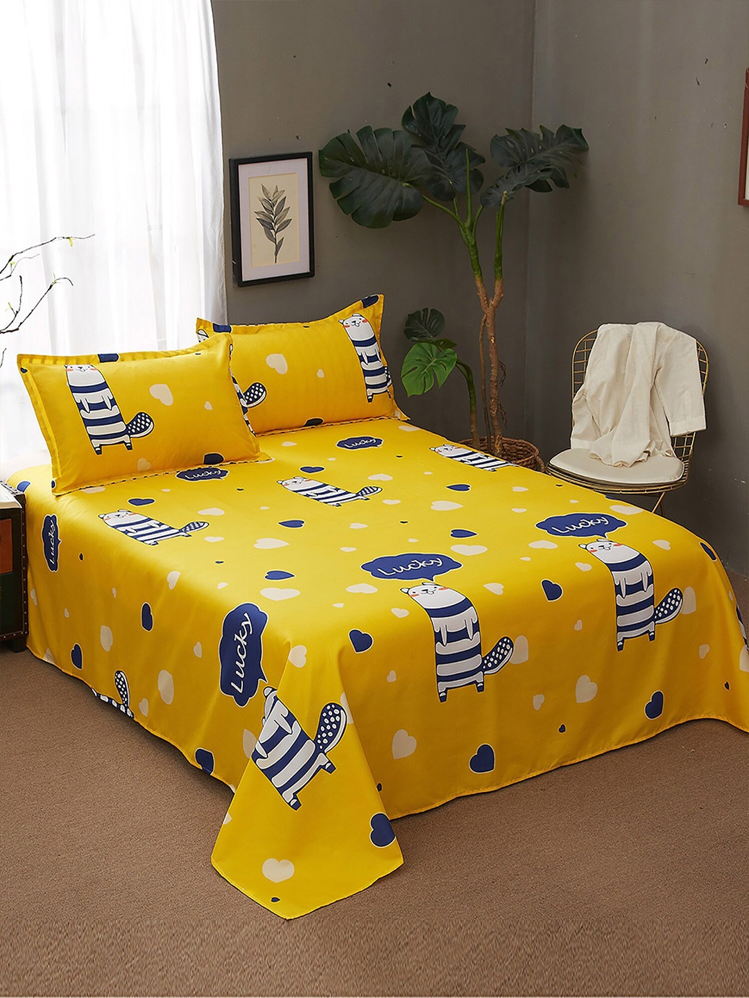 

JC HOME Yellow & White Printed 130 TC King Bedsheet with 2 Pillow Covers