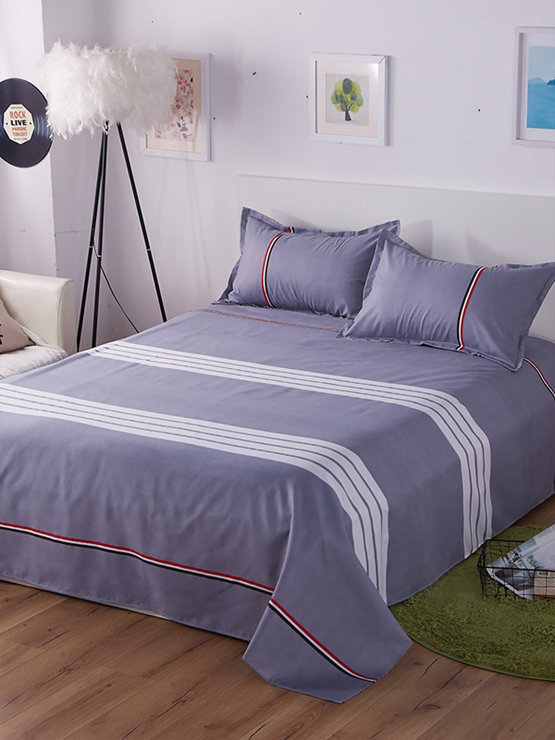 

JC Collection Grey & White Striped 130 TC King Bedsheet with 2 Pillow Covers