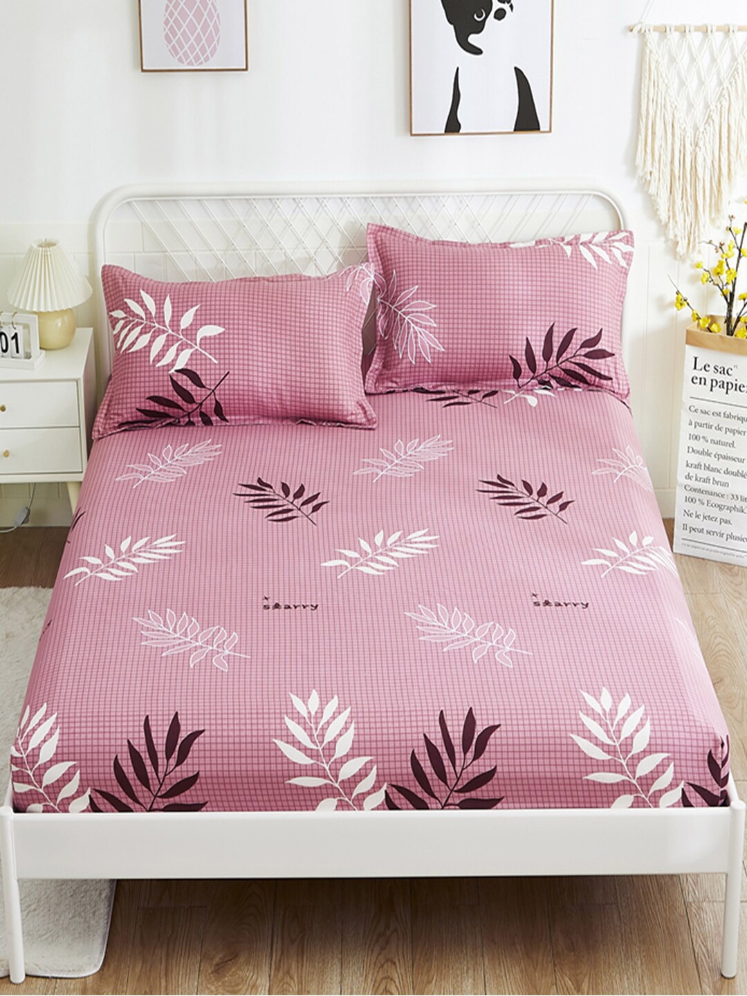 

JC HOME Pink White Floral Printed 120 TC Fitted King Bedsheet with 2 Pillow Covers