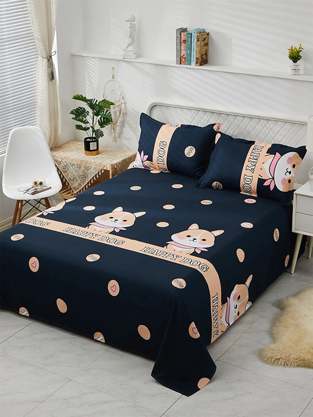 

JC HOME Blue & PeachCartoon Characters 130 TC King Bedsheet &2 Pillow Covers
