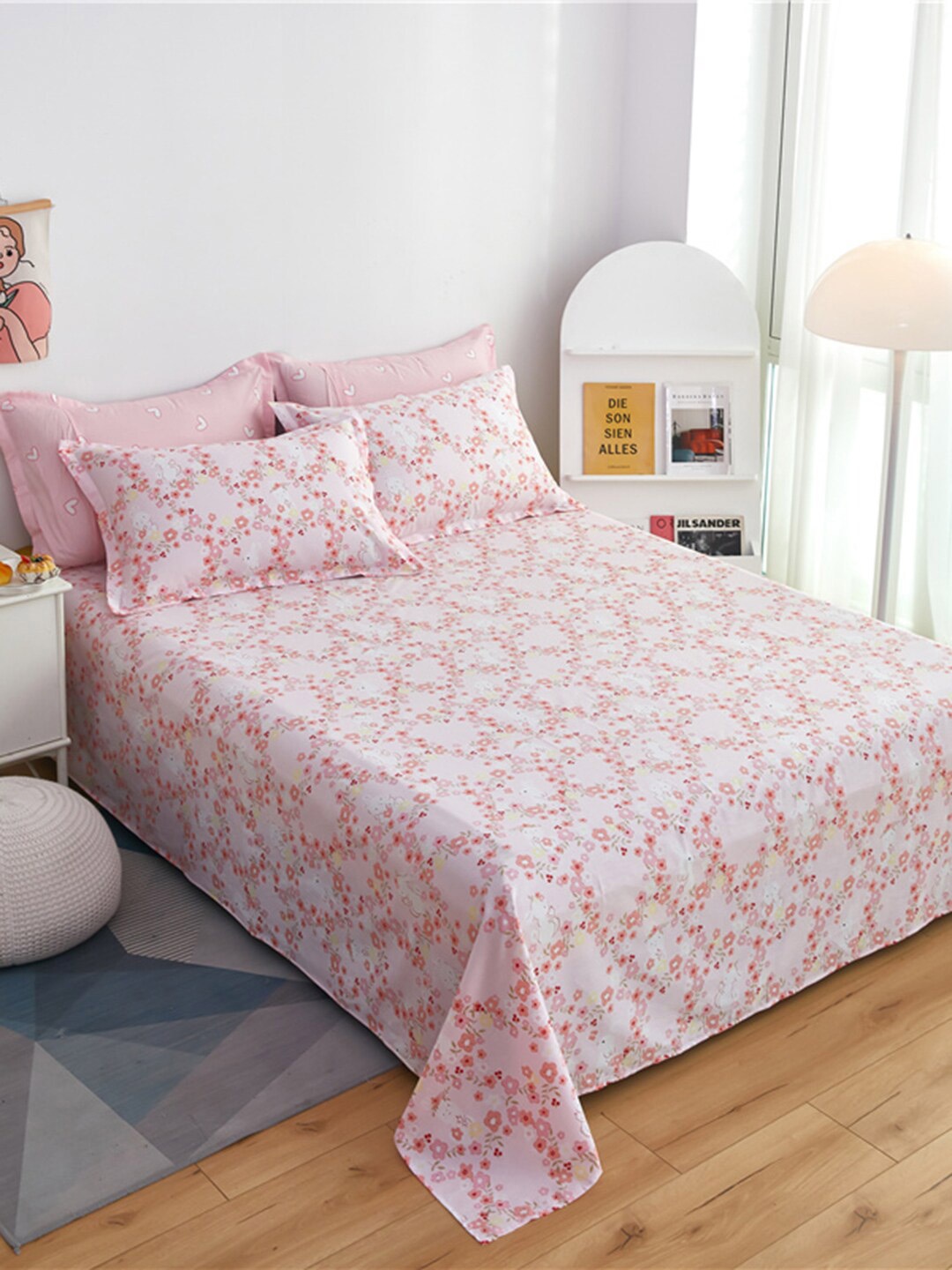 

JC HOME Pink & White Floral Printed 186 TC Cotton King Bedsheet with 2 Pillow Covers