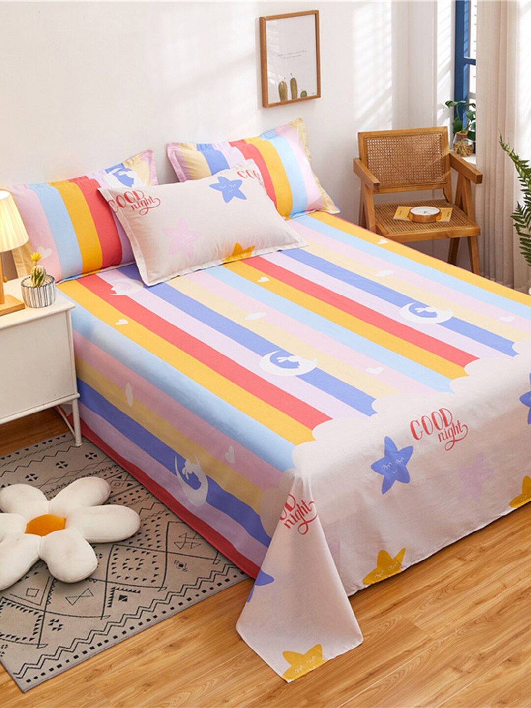 

JC Collection Striped 186 TC Cotton Queen Bedsheet with 2 Pillow Covers, Pink