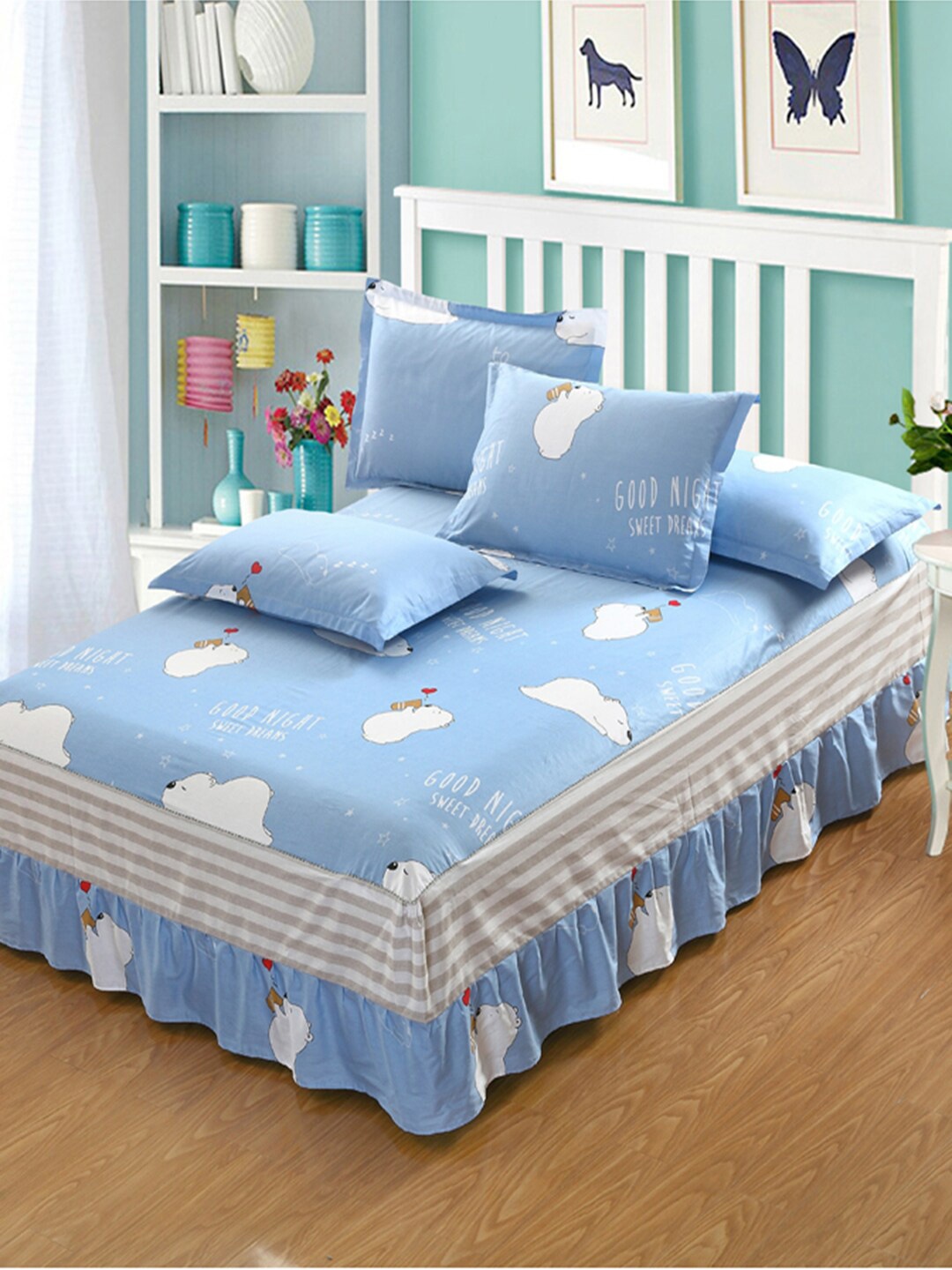 

JC HOME Blue & White Printed 200 TC Cotton King Bed Cover with 2 Pillow Covers