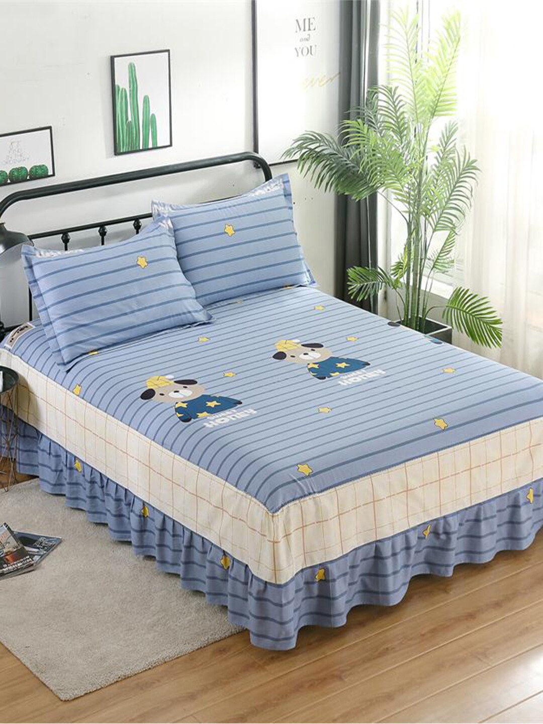 

JC HOME Blue & Beige Striped 200 TC Cotton Single Bed Cover with 1 Pillow Cover