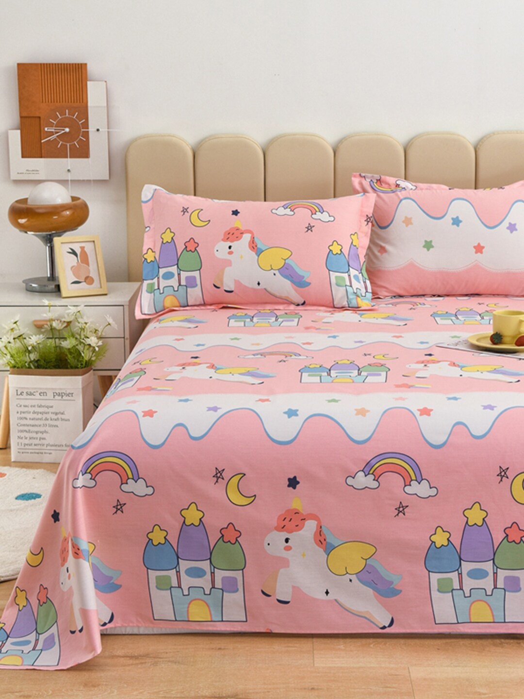 

JC HOME Conversational 200 TC Cotton King Bedsheet with 2 Pillow Covers, Pink