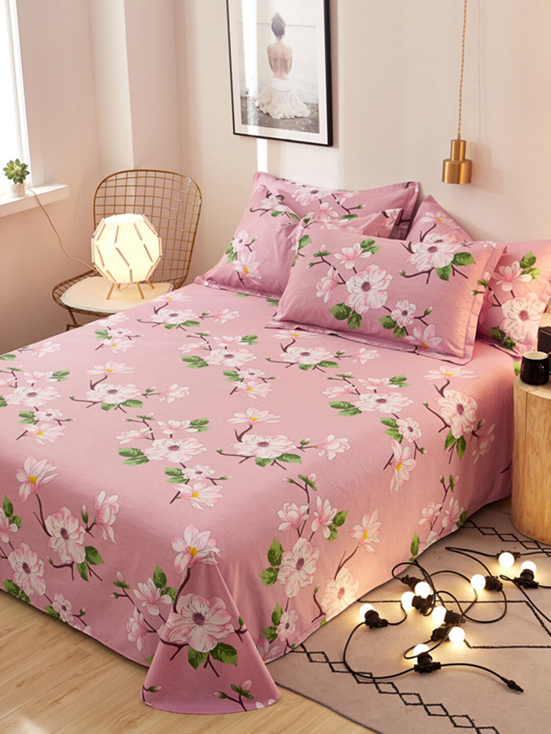 

JC HOME Pink & Green Floral 186 TC Cotton King Bedsheet with 2 Pillow Covers