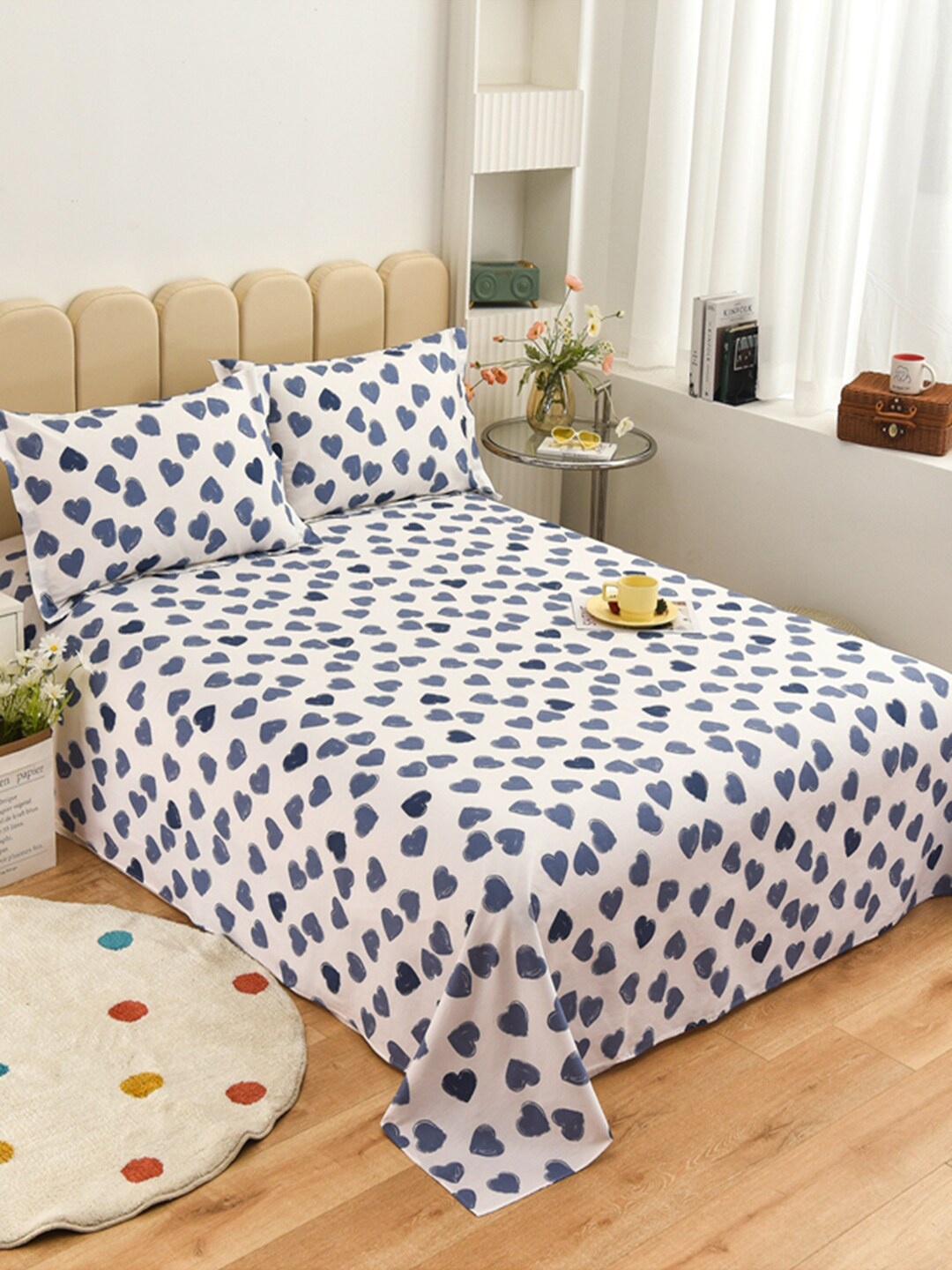 

JC HOME White & Blue Graphic 200 TC Cotton Single Bedsheet with 2 Pillow Covers