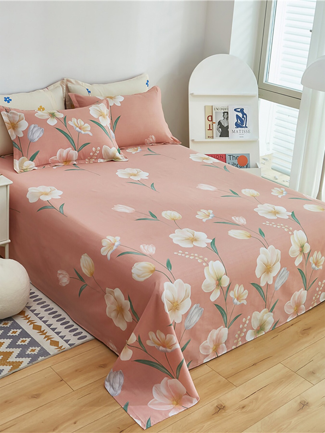 

JC Collection Pink & Green Floral 186 TC Cotton King Bedsheet with 2 Pillow Covers