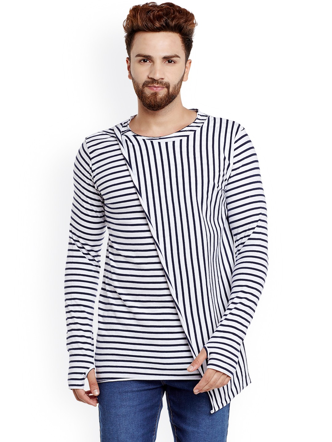 

CHILL WINSTON Men Navy Blue & White Striped Layered Slim Fit T-shirt