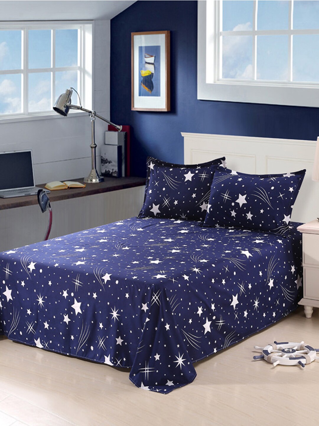 

JC HOME Navy Blue & White Graphic 130 TC Single Bedsheet with 2 Pillow Covers