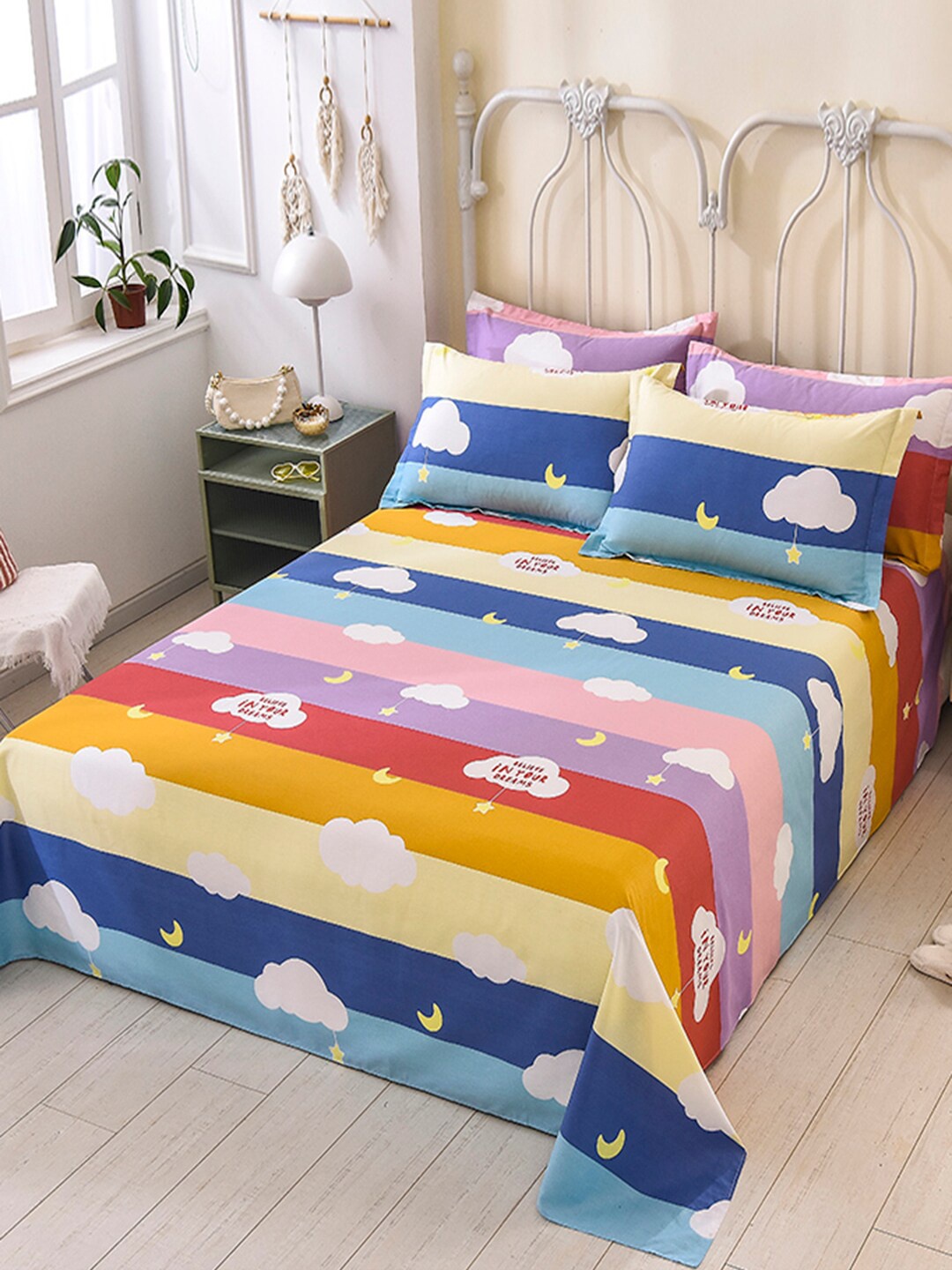 

JC HOME Blue & Pink Graphic 200 TC Cotton King Bedsheet with 2 Pillow Covers