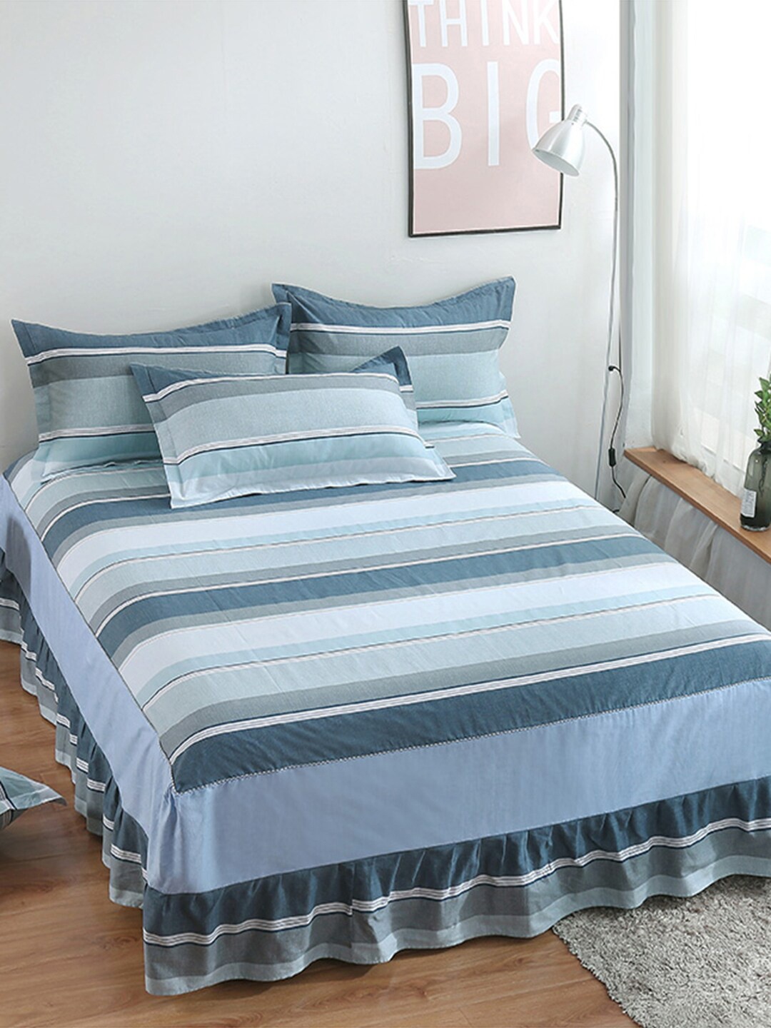 

JC Collection Blue & Grey Striped 200 TC Cotton Queen Bedsheet with 2 Pillow Covers