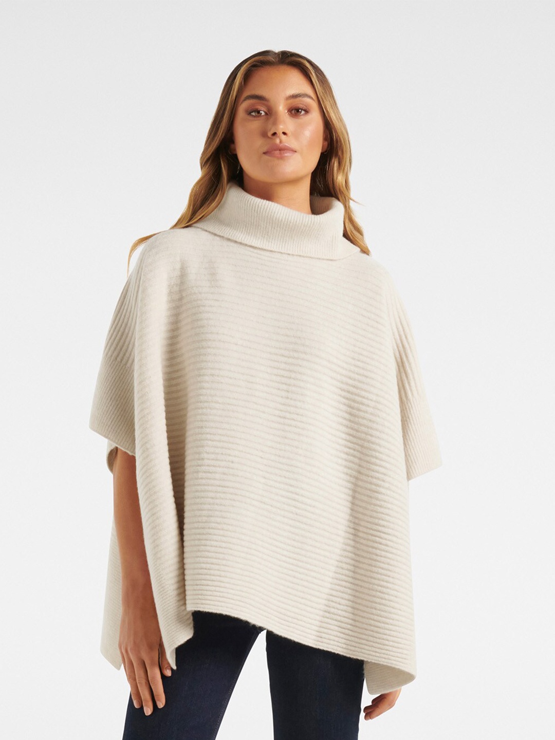 

Forever New Women White Ribbed Poncho