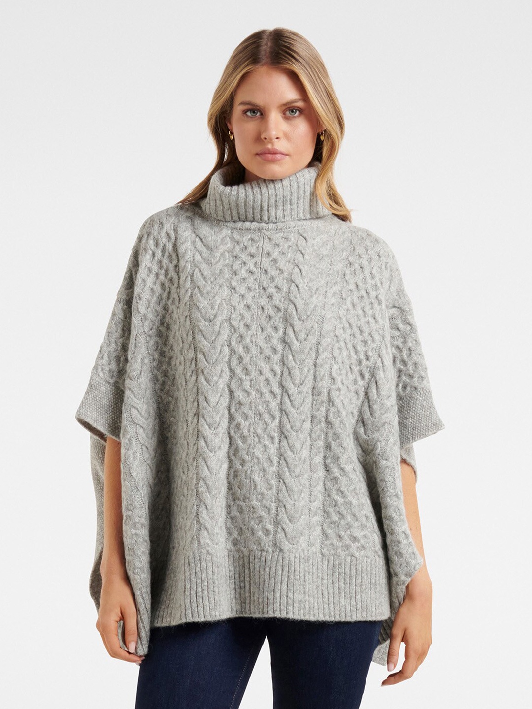 

Forever New Women Grey Cable Knit Poncho