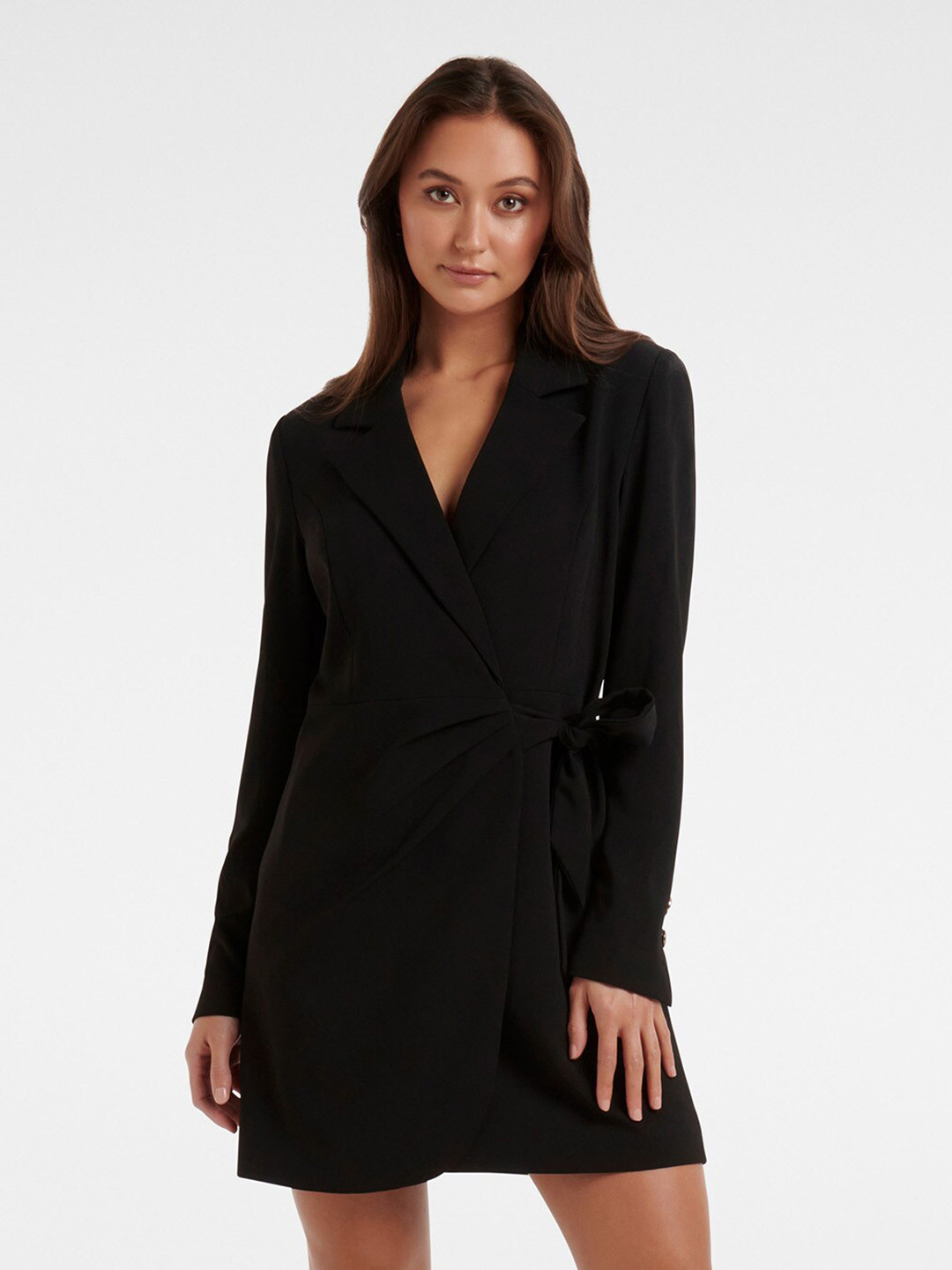 

Forever New Women Black Solid Full Sleeves Wrap Dress