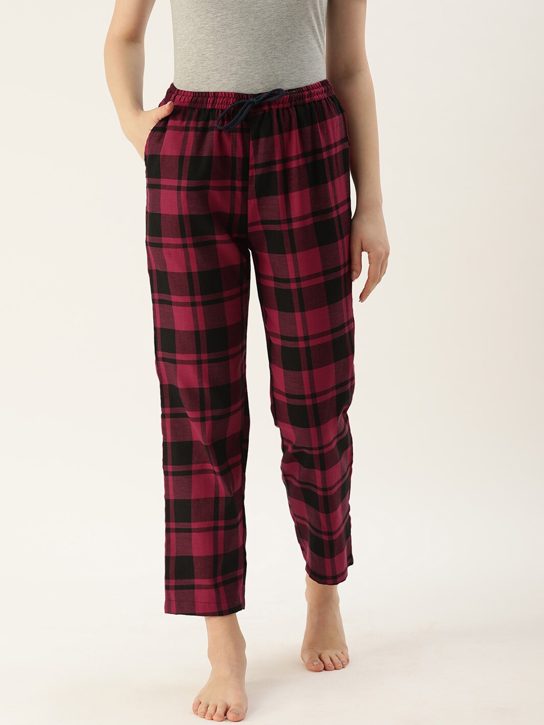 

Kryptic Women Pure Cotton Relaxed Fit Checked Lounge Pants, Maroon