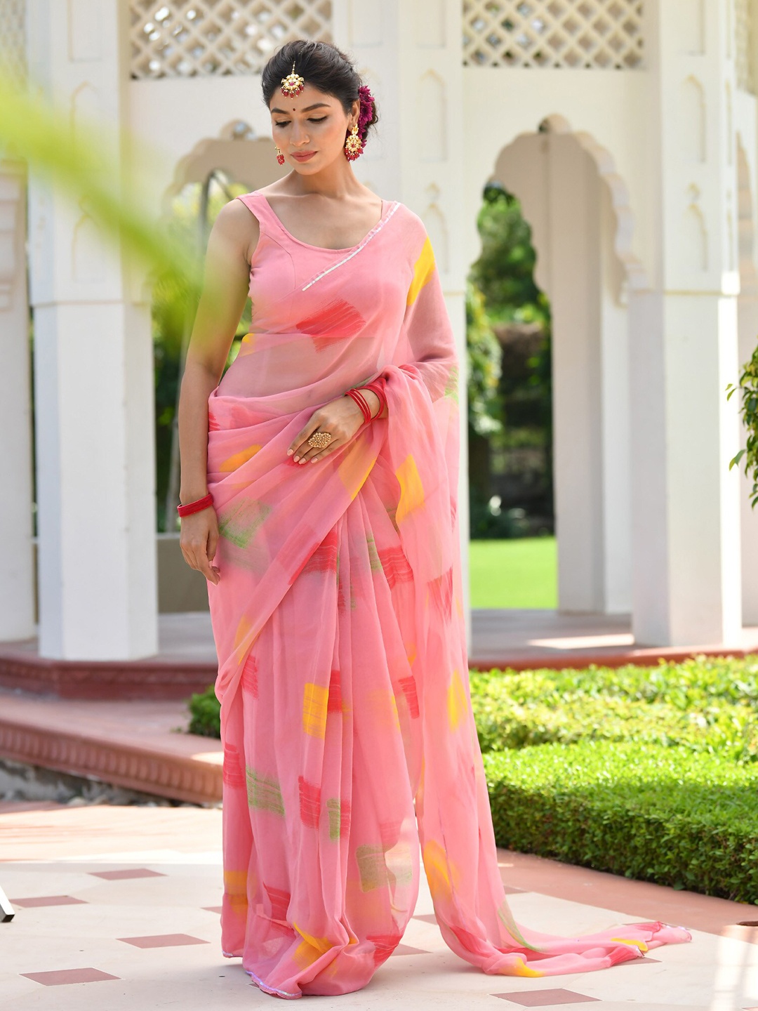

mulmul.com Pink & Red Tie and Dye Gotta Patti Saree