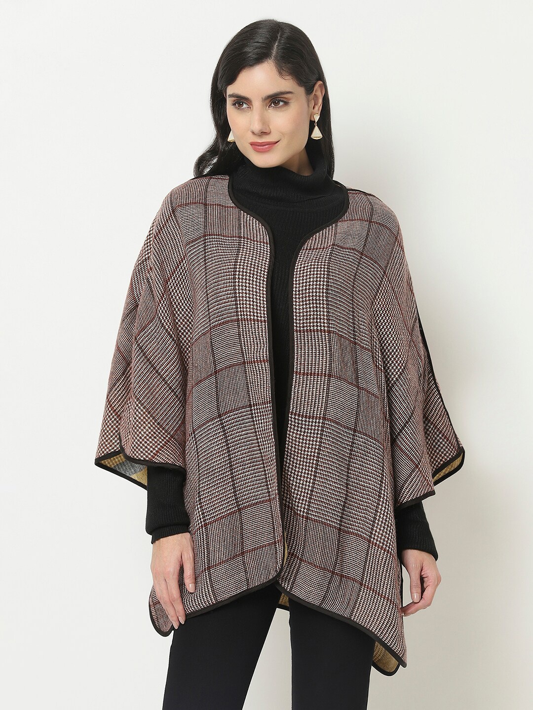 

Owncraft Women Burgundy & White Checked Checked Wool Poncho