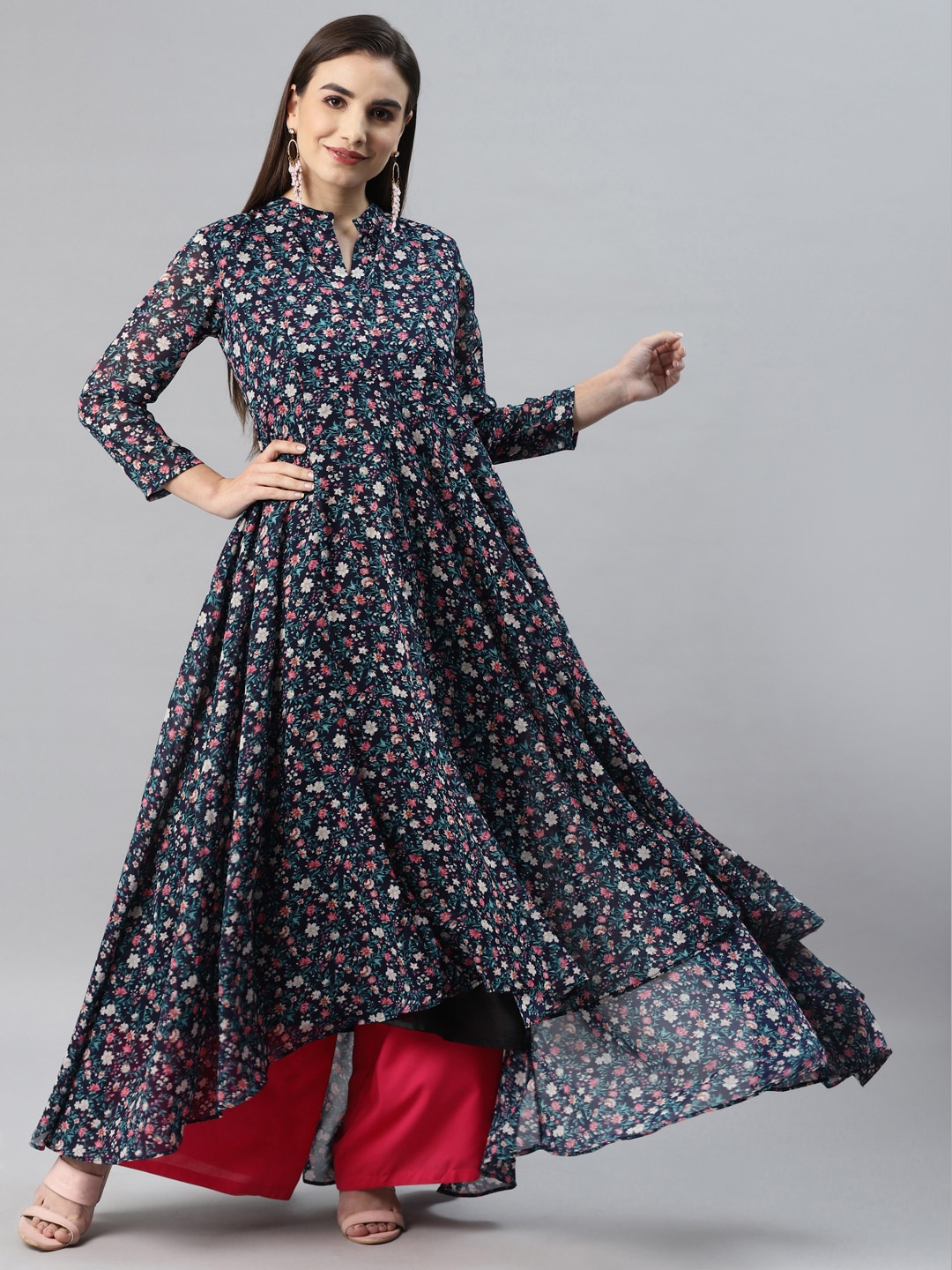 

MBE Women Navy Blue & Pink Floral Printed Floral Georgette Anarkali Kurta