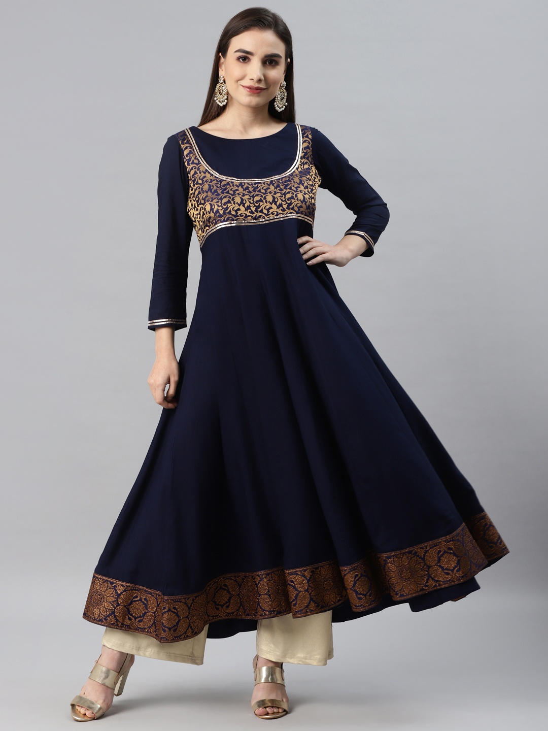 

MBE Women Yoke Design Gotta Patti Anarkali Kurta, Navy blue