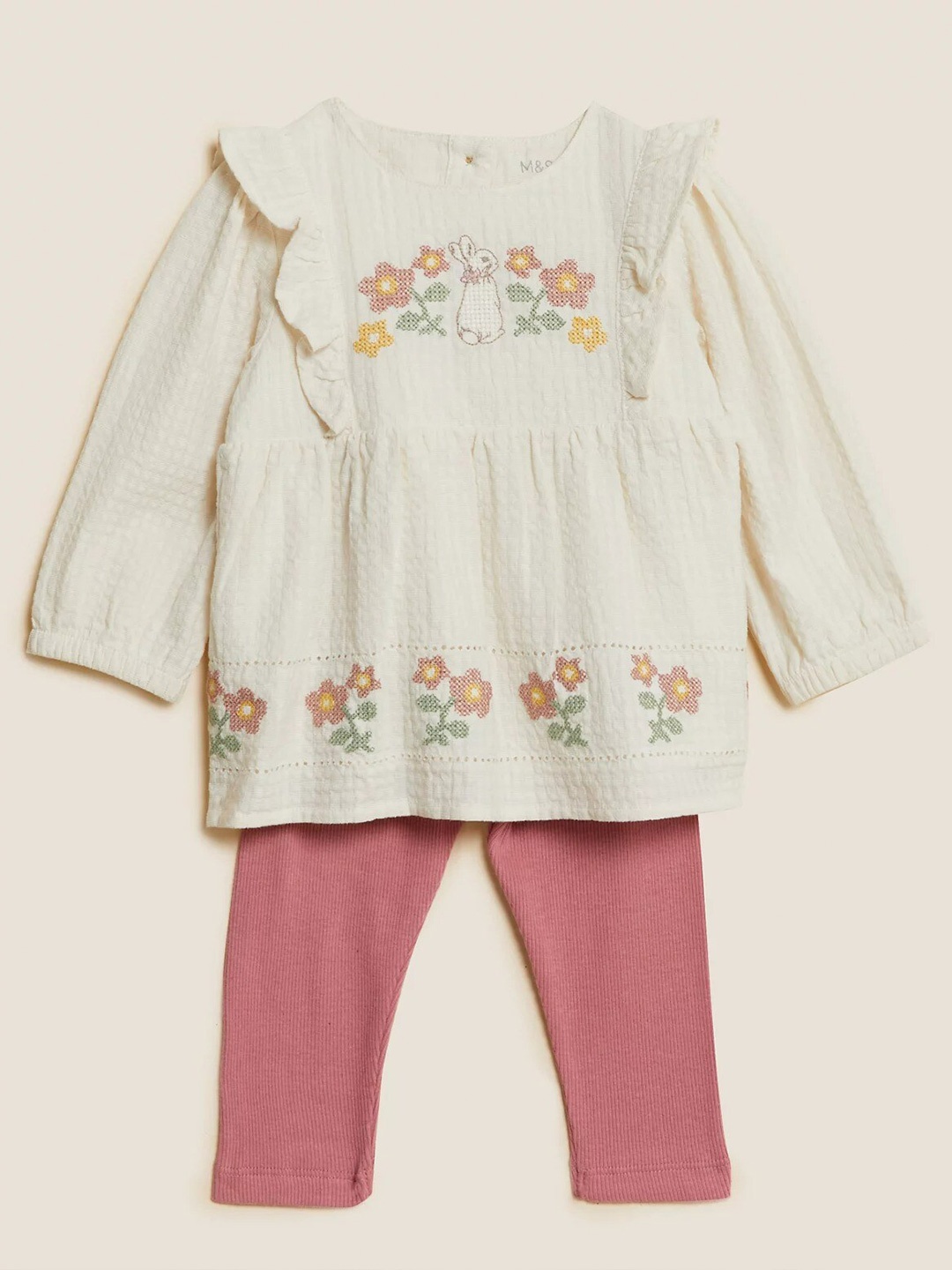 

Marks & Spencer Girls Cream-Coloured & Pink T-shirt with Pyjamas