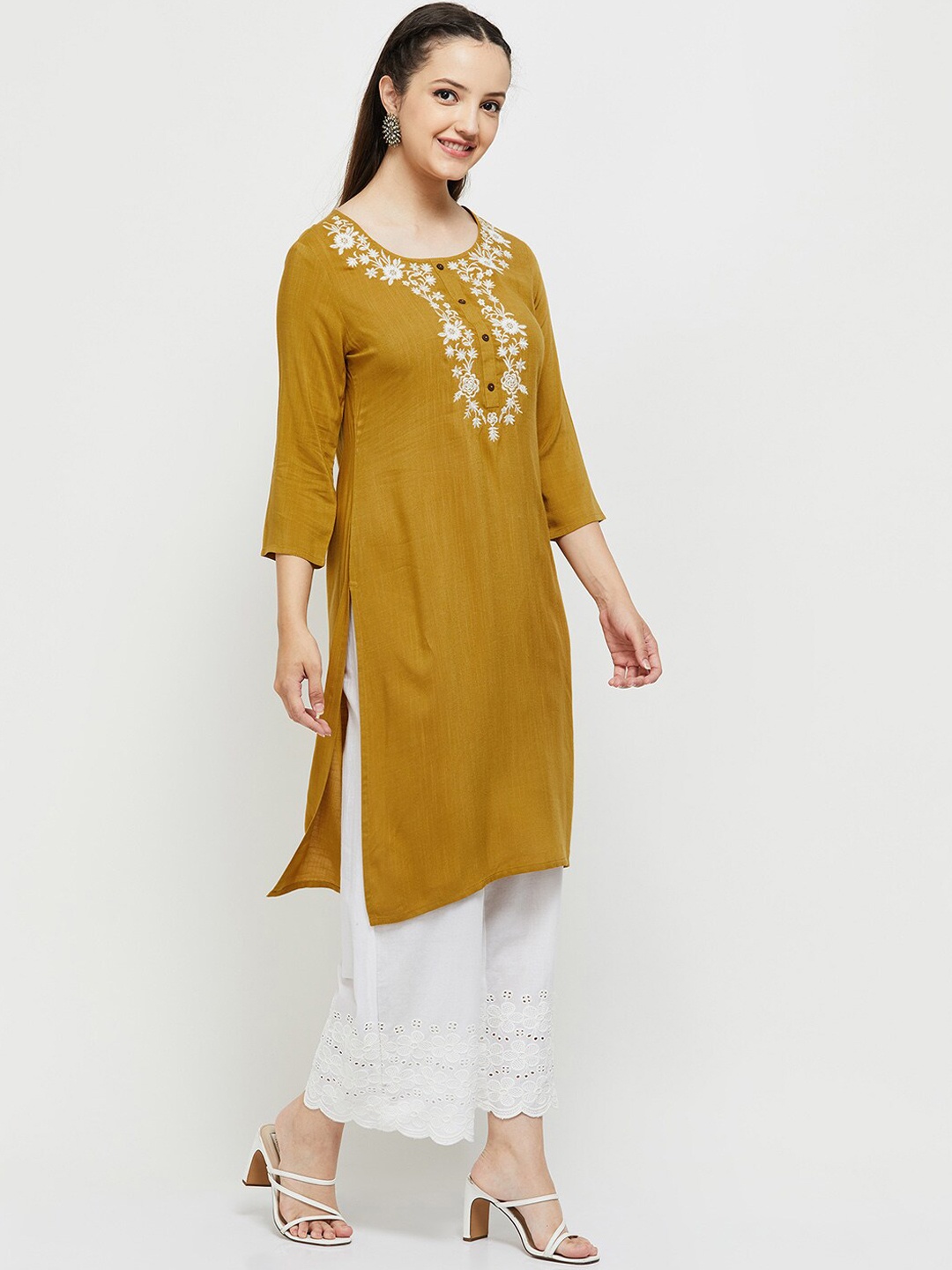 

max Women Yellow Floral Embroidered Thread Work Kurta