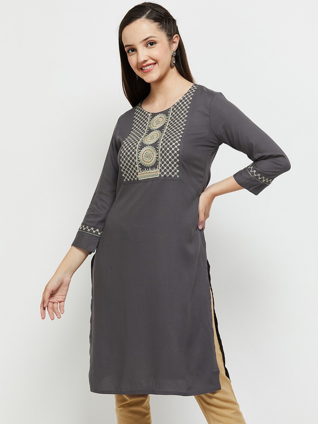 

max Round Neck Floral Yoke Design Kurta, Grey