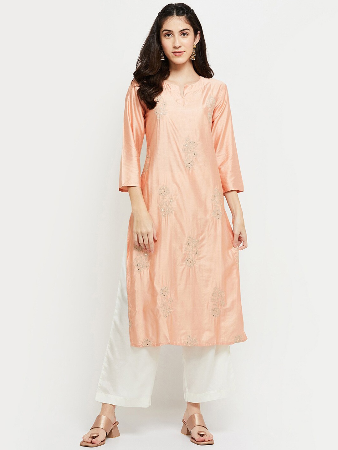 

max Printed Embroidered Round Neck Kurta, Beige