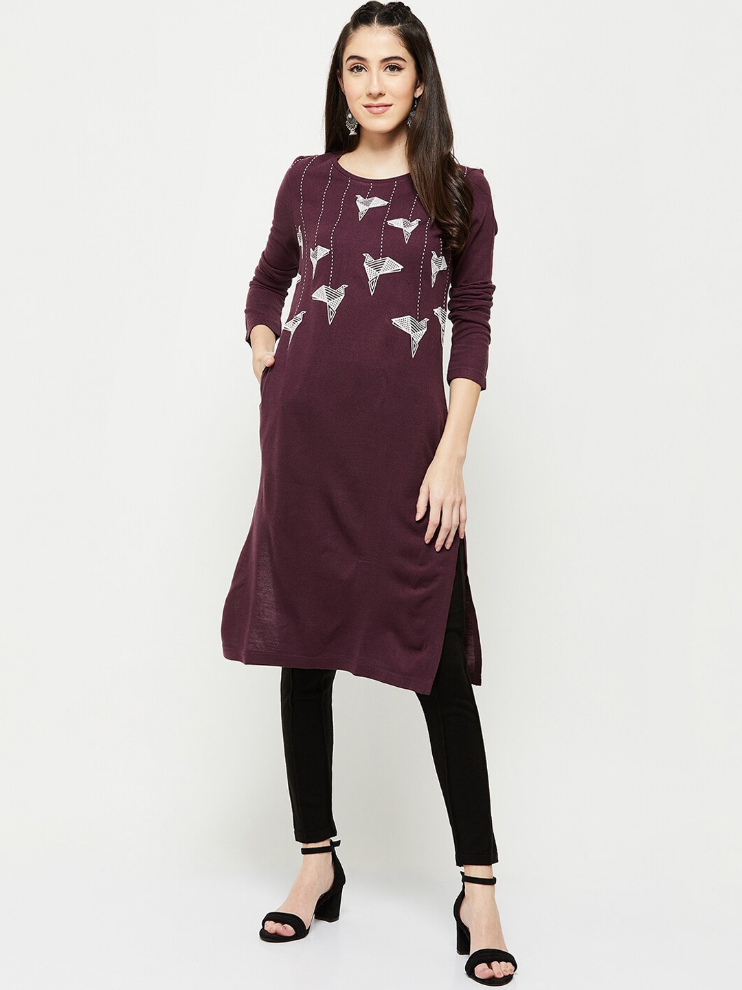

max Yoke Design Thread Work Straight Acrylic Regular Kurta, Purple