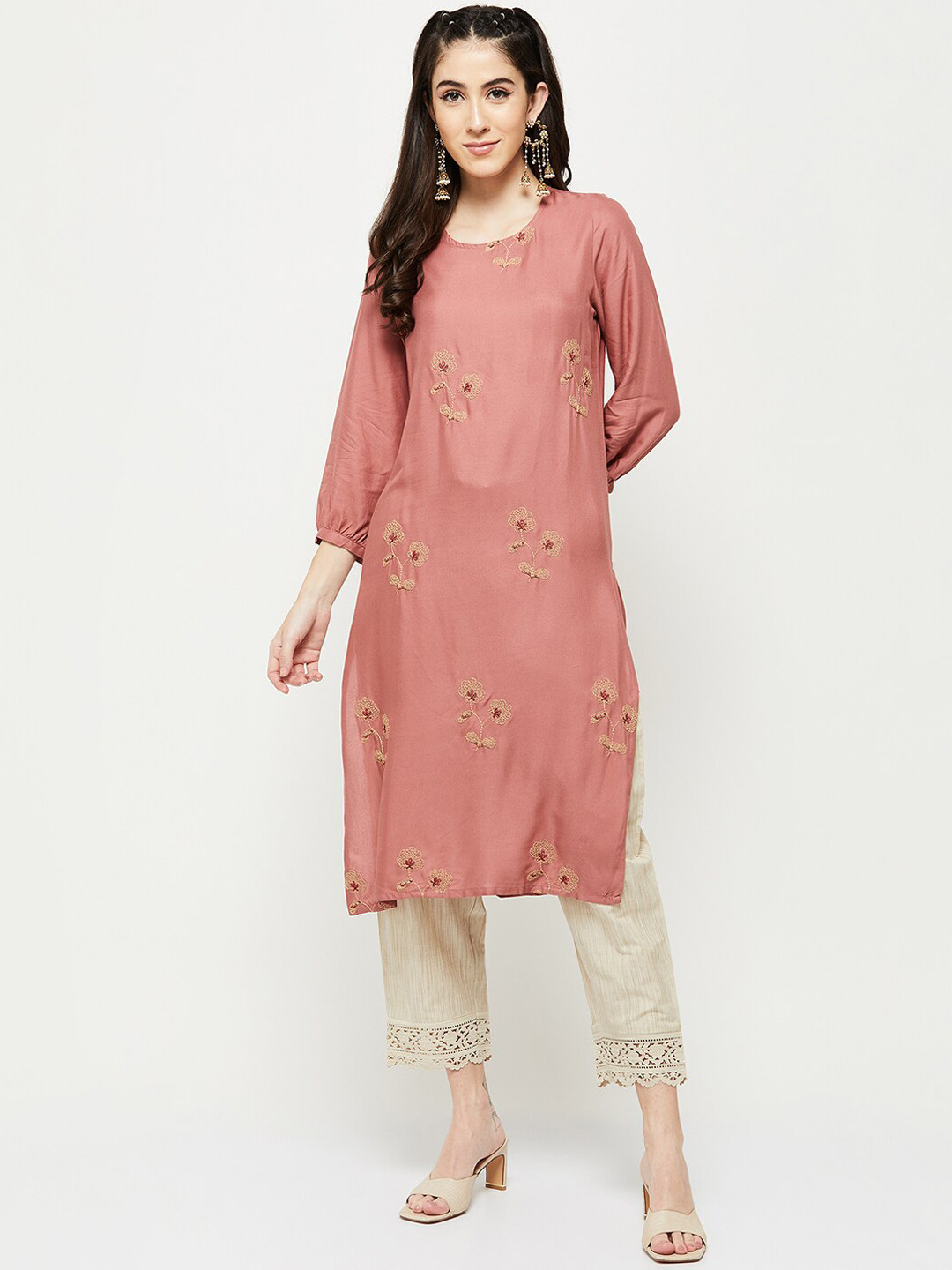 

max Embroidered Thread Work Round Neck Kurta, Coral