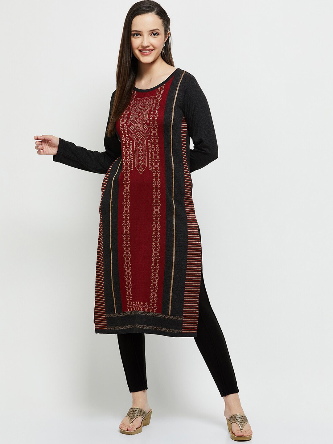 

max Women Charcoal & Maroon Geometric Kurta