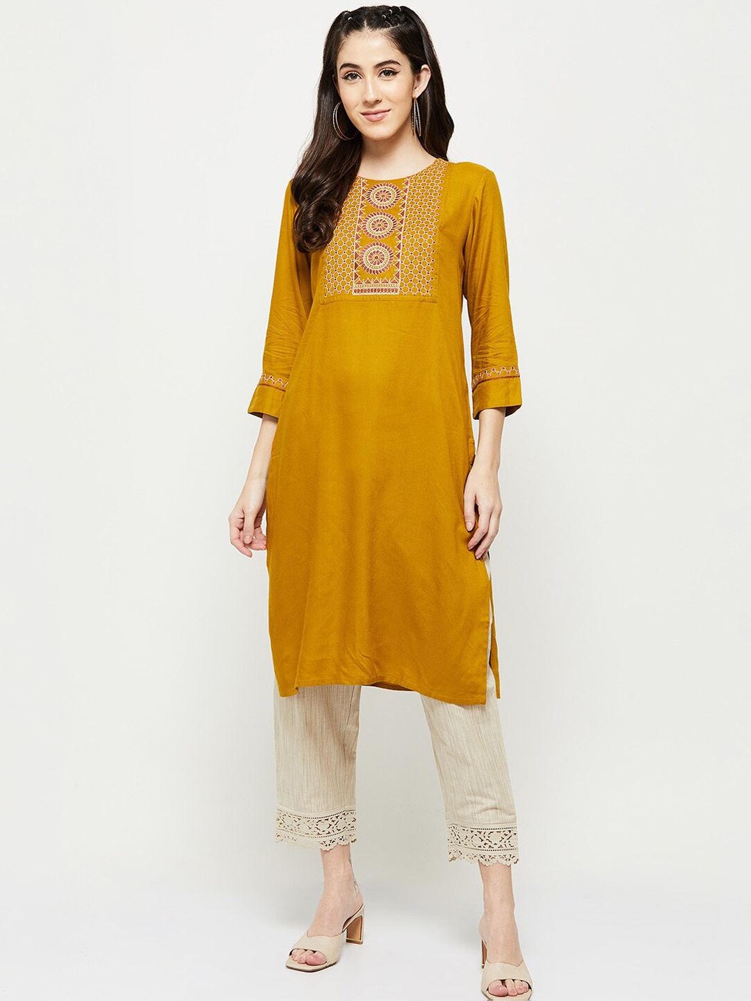 

max Geometric Yoke Design Thread Work Kurta, Mustard