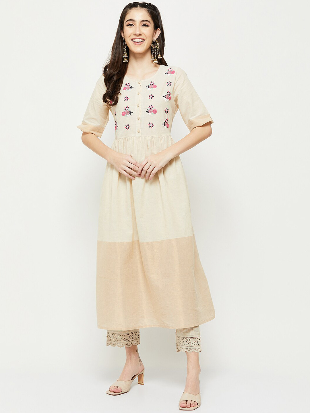 

max Women Beige Cotton Printed Embroidered Kurta
