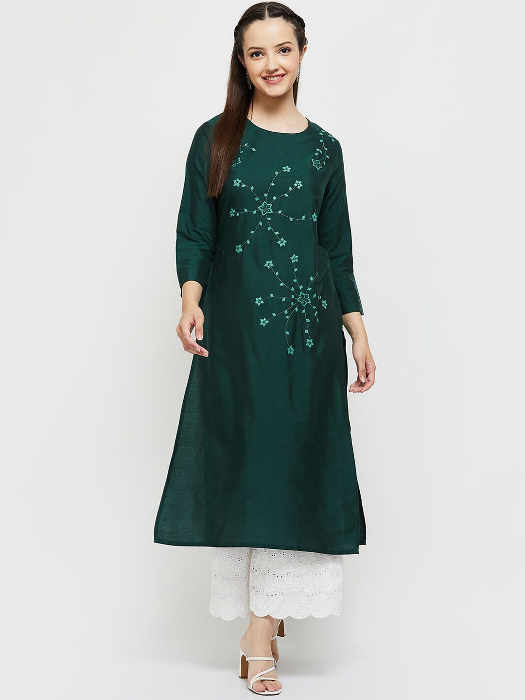 

max Women Green Floral Embroidered Thread Work Kurta