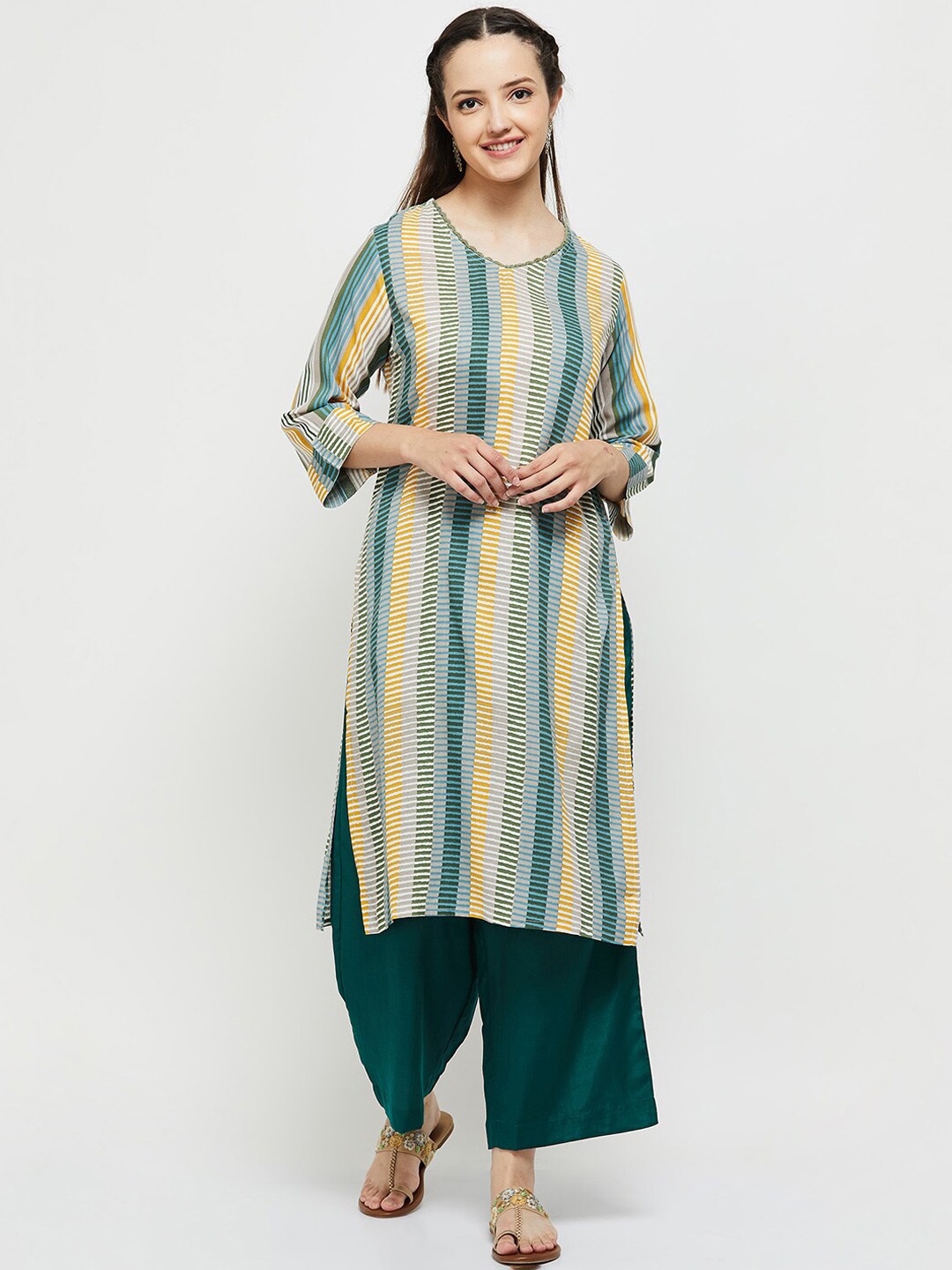 

max Women Olive Green Striped Round Neck Regular Sleeves Kurta