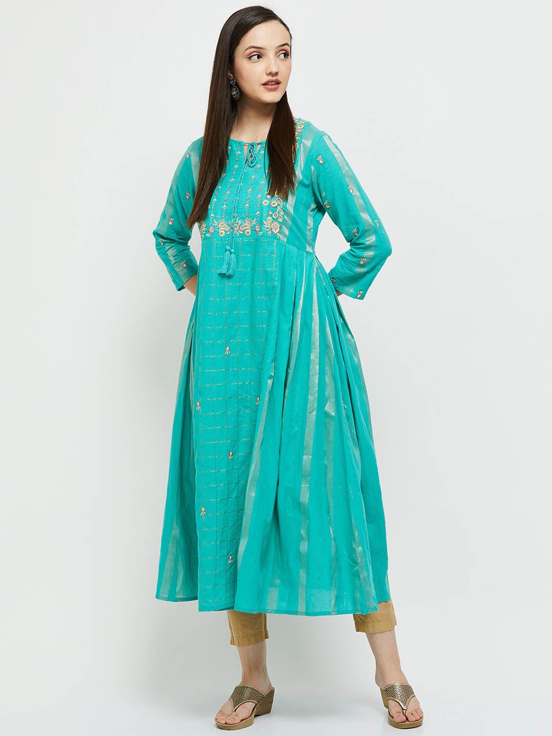

max Women Blue Cotton Ethnic Motifs Striped Cotton Kurta