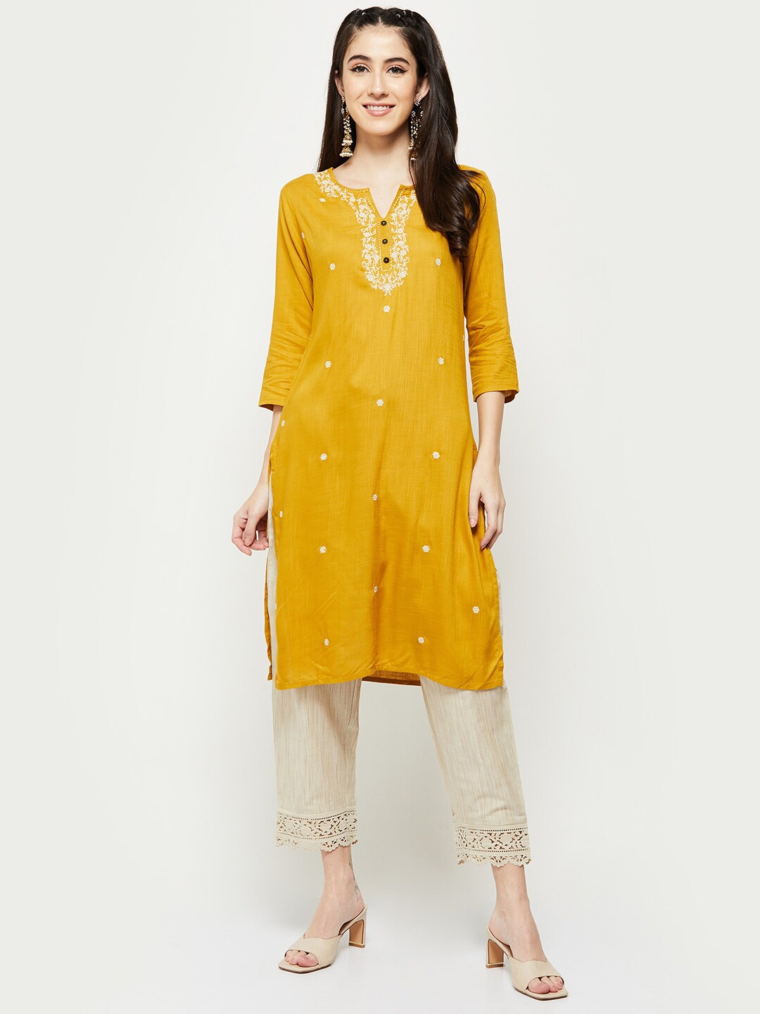 

max Printed Floral Shirt Collar Embroidered Straight Kurta, Mustard