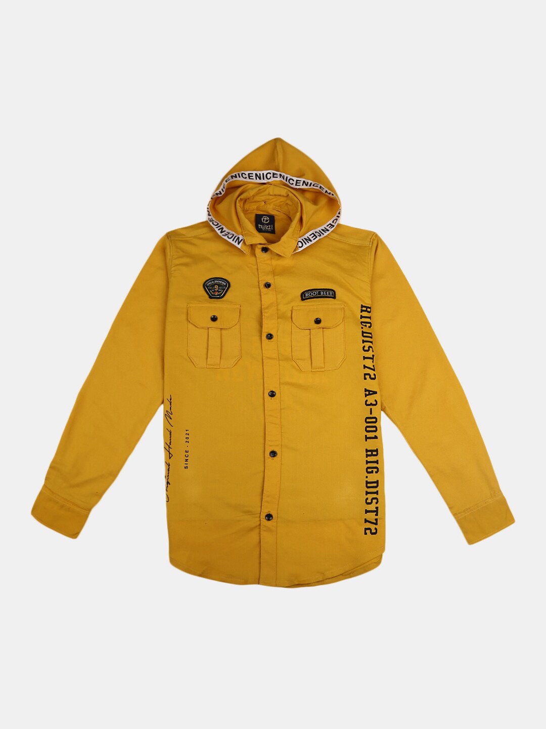 

V-Mart Boys Printed Hooded Casual Shirt, Mustard