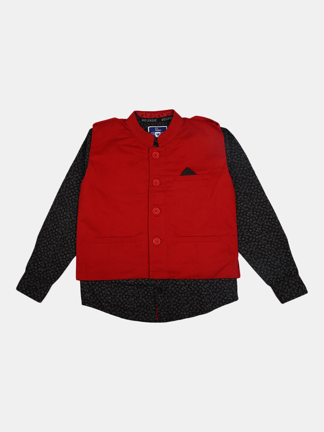 

V-Mart Boys Printed Poplin Casual Shirt With Waistcoat, Black