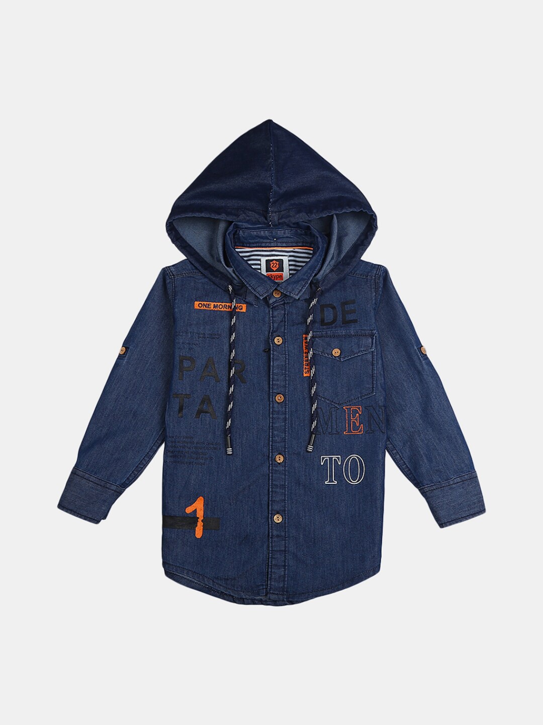 

V-Mart Boys Printed Denim Hooded Casual Shirt, Blue