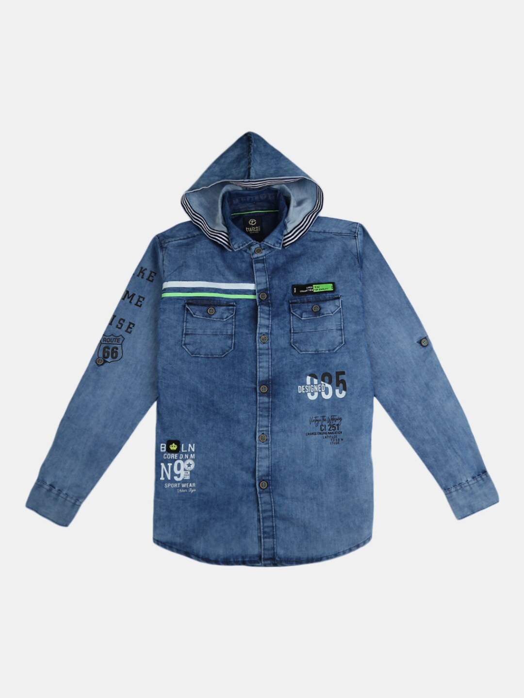 

V-Mart Boys Blue Printed Hooded Denim Casual Shirt
