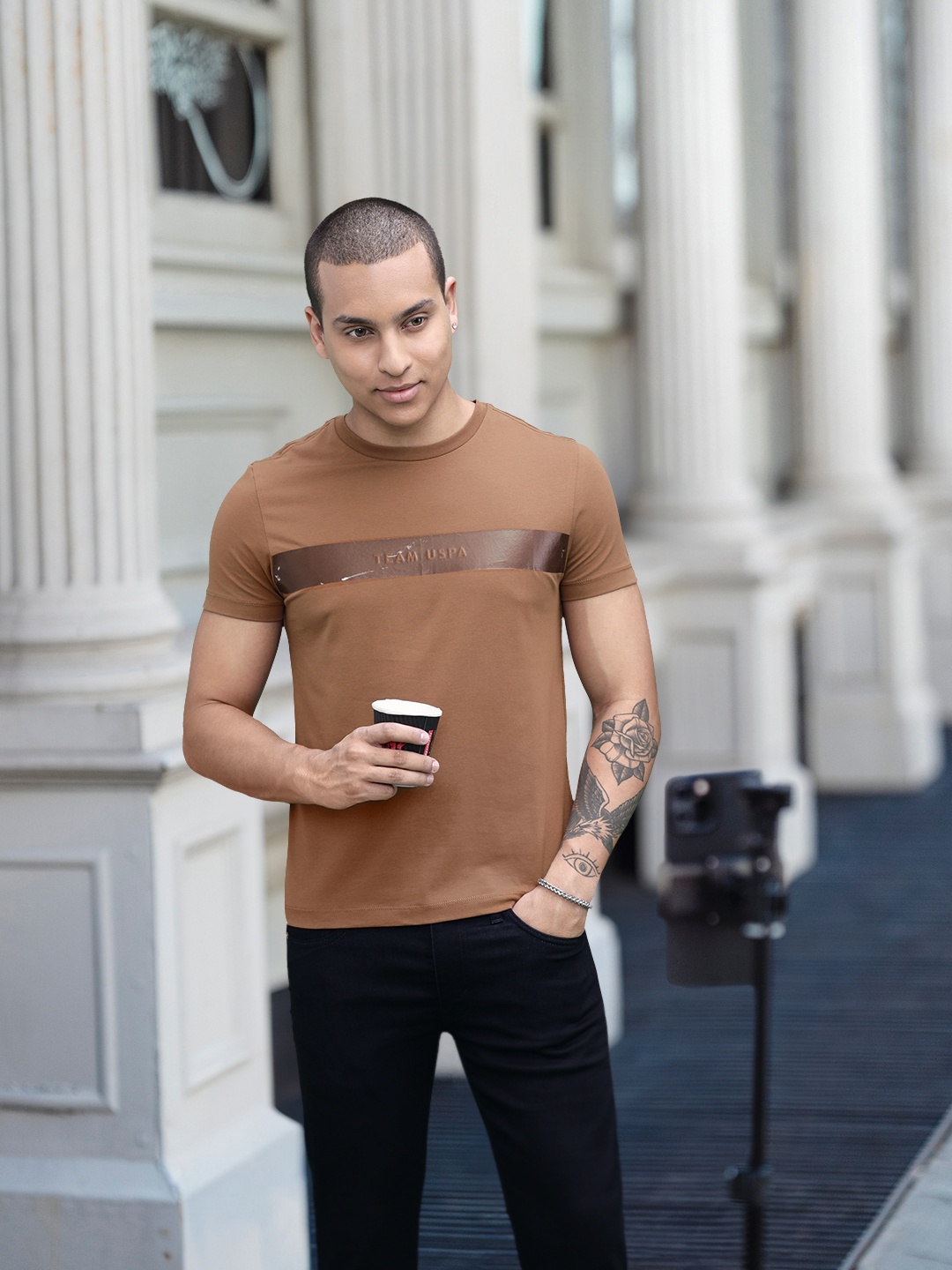 

U.S. Polo Assn. Denim Co. Men Solid Round Neck Casual T-shirt With Striped Detail, Brown