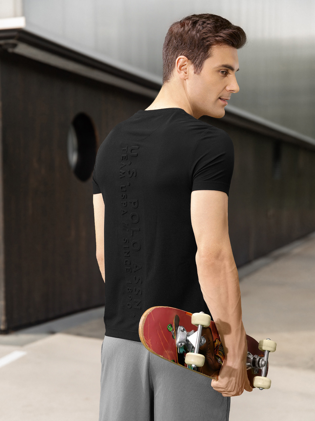 

U.S. Polo Assn. Denim Co. Men Solid Brand Logo Back Embossed Knitted Slim Fit T-shirt, Black