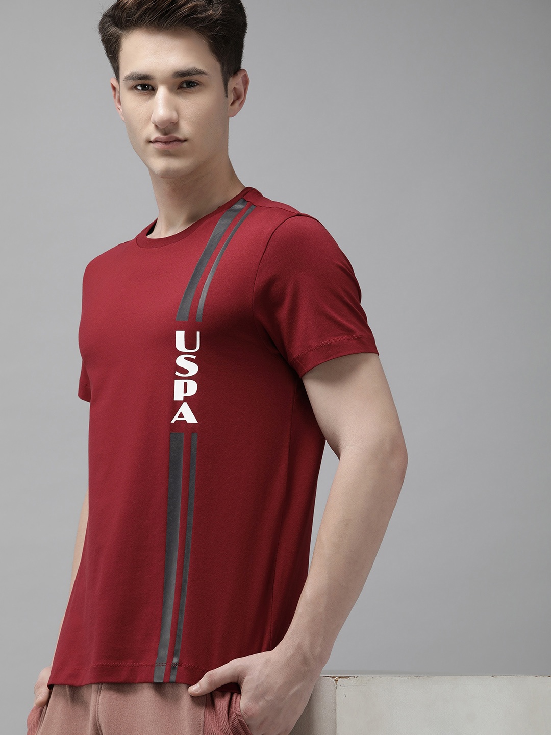 

U.S. Polo Assn. Men Brand Logo Printed Round Neck Casual T-shirt, Maroon