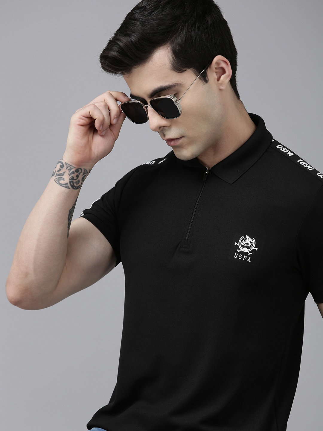 

U S Polo Assn Men Polo Collar T-shirt With Brand Logo Tape Detail On Shoulders, Black