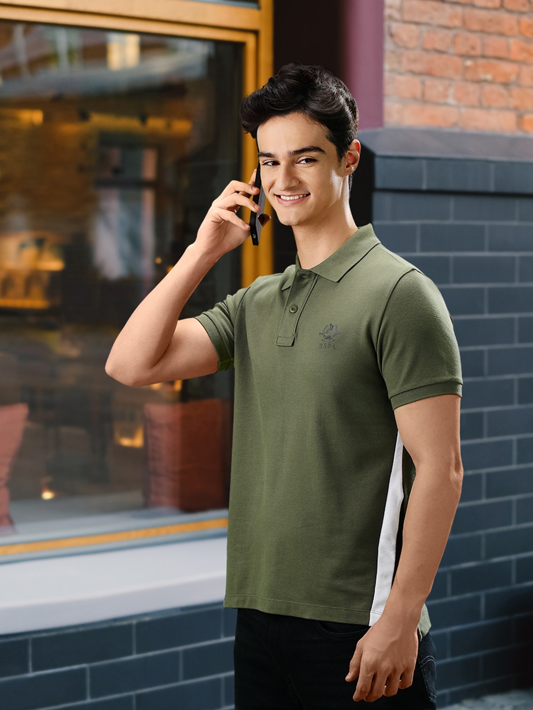 

U.S. Polo Assn. Men Solid Polo Collar Casual T-shirt With Striped Detail, Olive