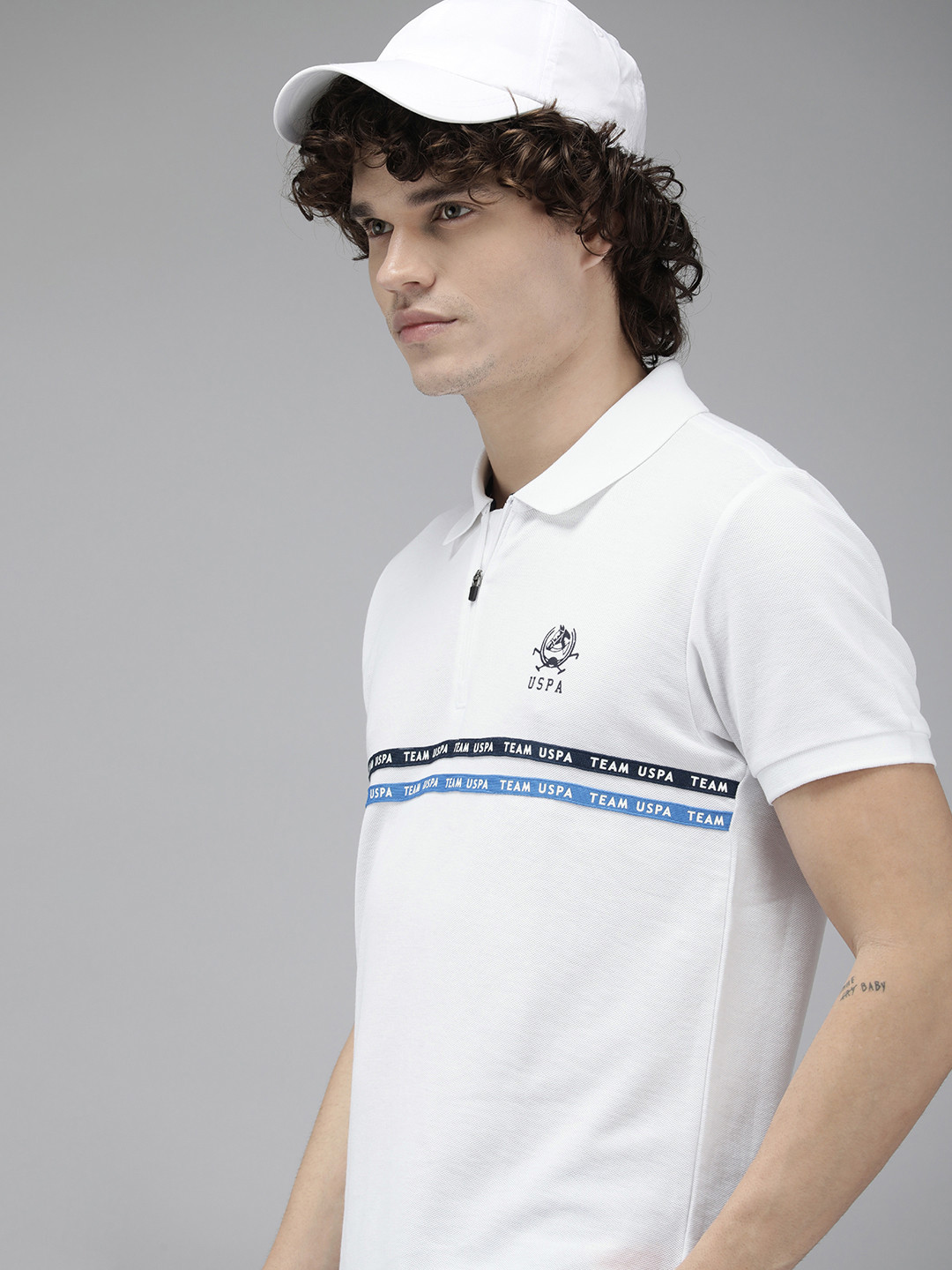 

U S Polo Assn Men Brand Logo Striped Polo Collar Slim Fit T-shirt, White