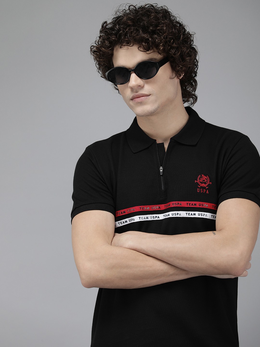 

U S Polo Assn Men Brand Logo Striped Polo Collar Slim Fit T-shirt, Black