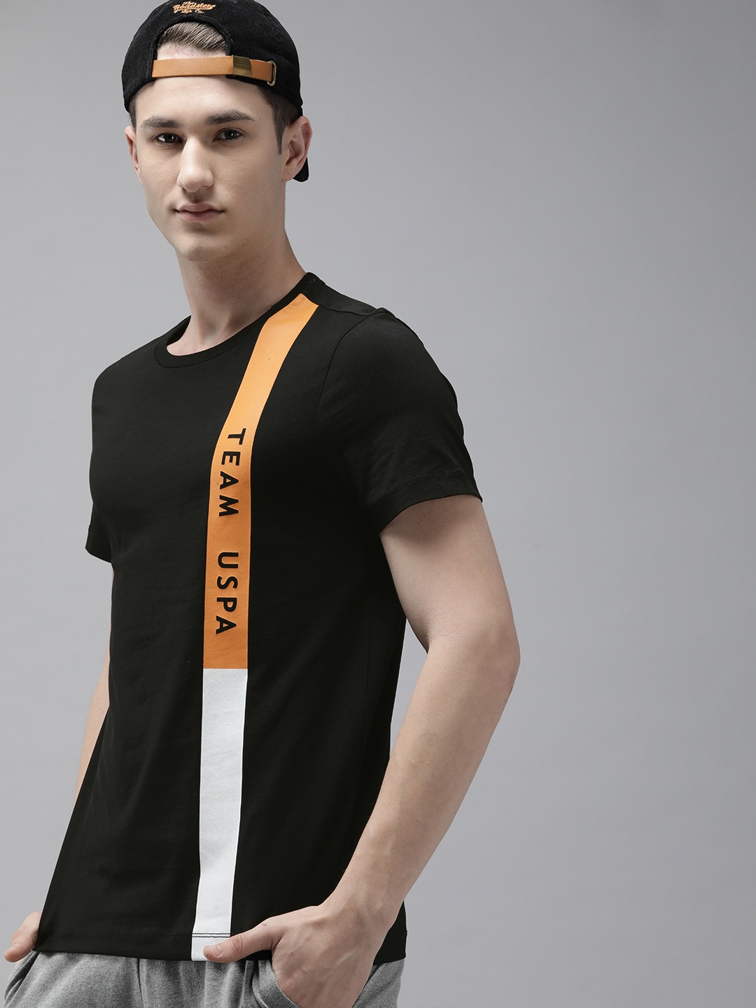 

U.S. Polo Assn. Men Striped Round Neck Casual T-shirt, Black